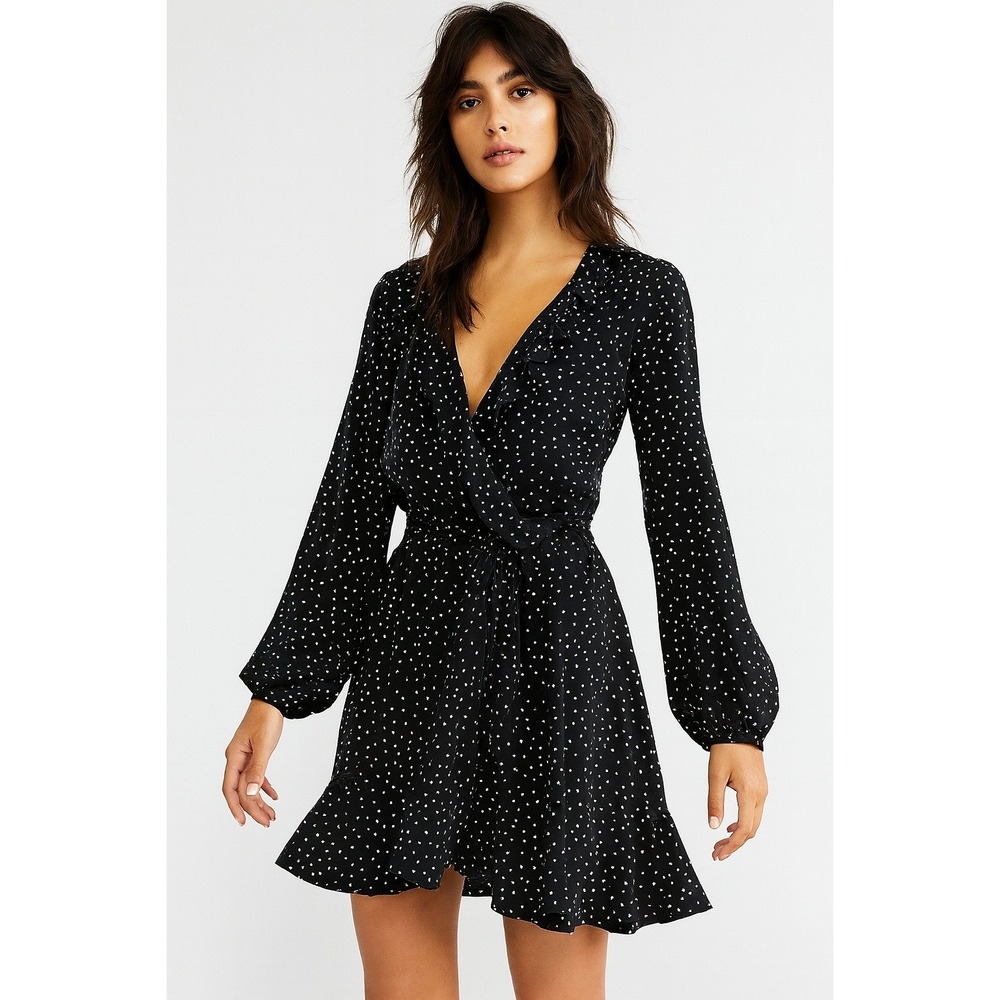 Highline Collective Dress Star Print Faux Wrap Crepe Surplice Ruffle Neck Size M